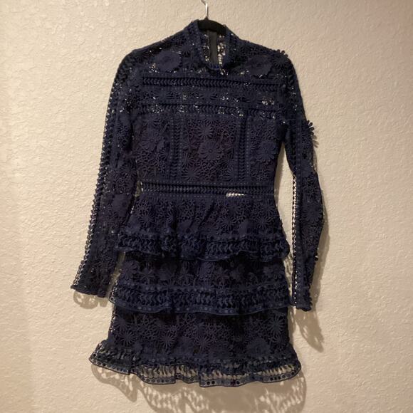 SELF PORTRAIT navy Ava Guipure Lace cut tiered long sleeve Mini Dress size 6 - Picture 2 of 12